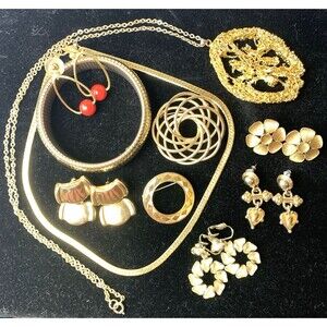 Lot 10 Vintage Gold Tone Jewelry Modernist Floral Statement Necklaces Earrings